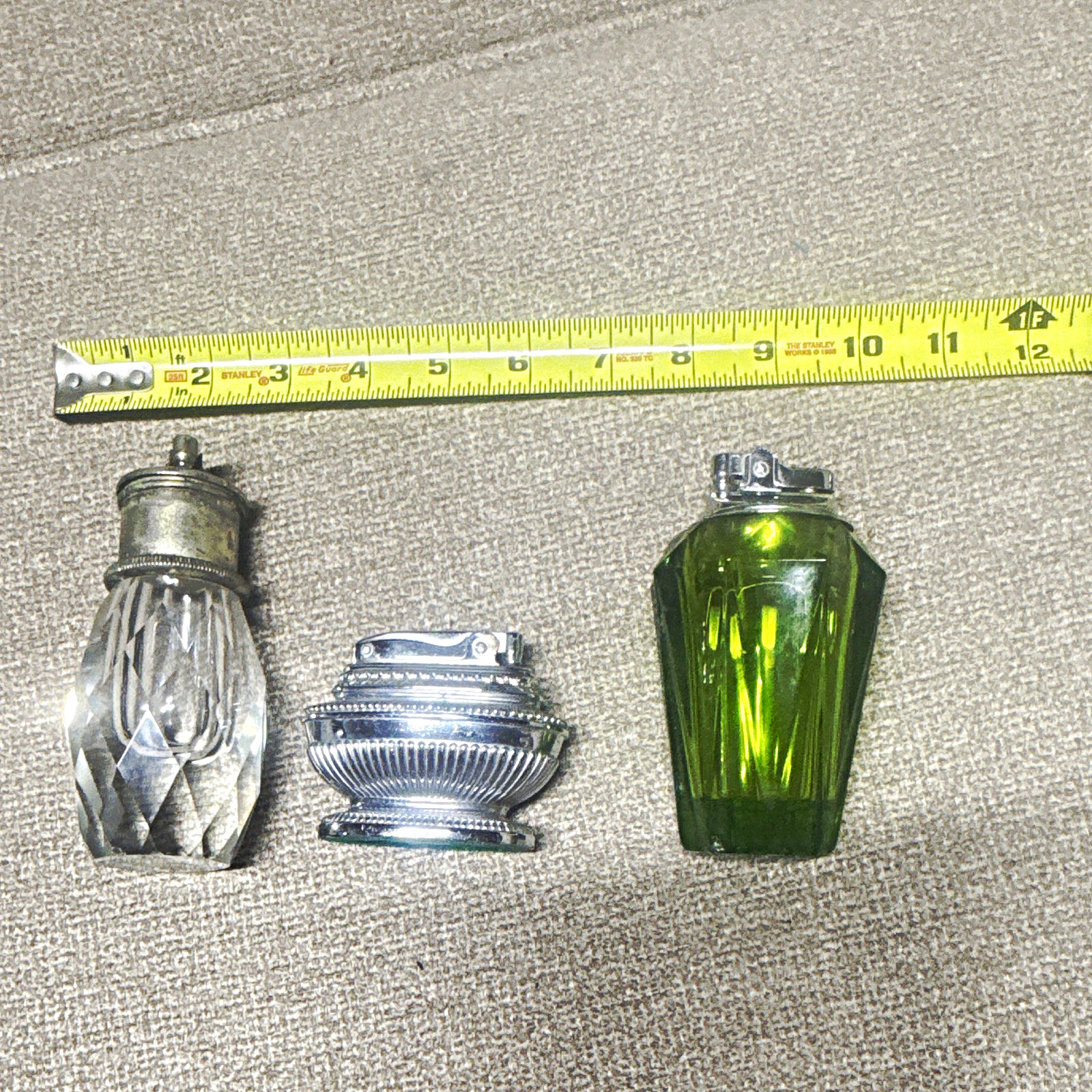 Lot of 3 Vintage Glass Table Lighters - Clear, Green & Silver Tone Lot of 3 Vintage Glass Table Lighters - Clear, Green & Silver Tone