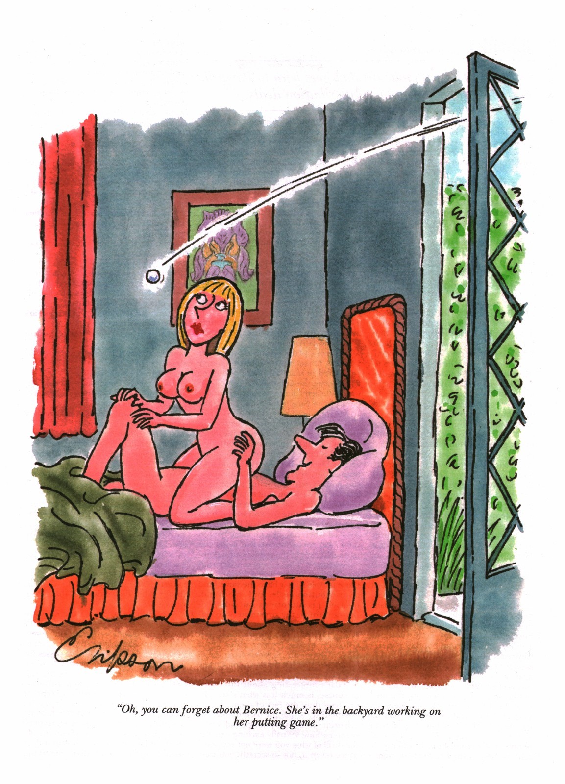 Alden Erikson Playboy Cartoon Illustration VTG Adult Humor Art Golf Bedroom Fore