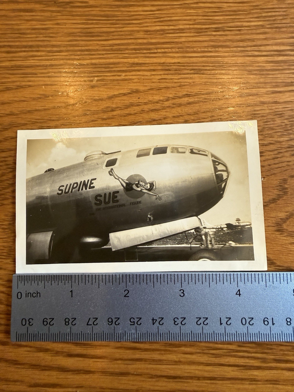 Vintage WWII Bomber Nose Art Photo “Supine Sue” Pin-Up Military Aircraft 4.5x3.5
