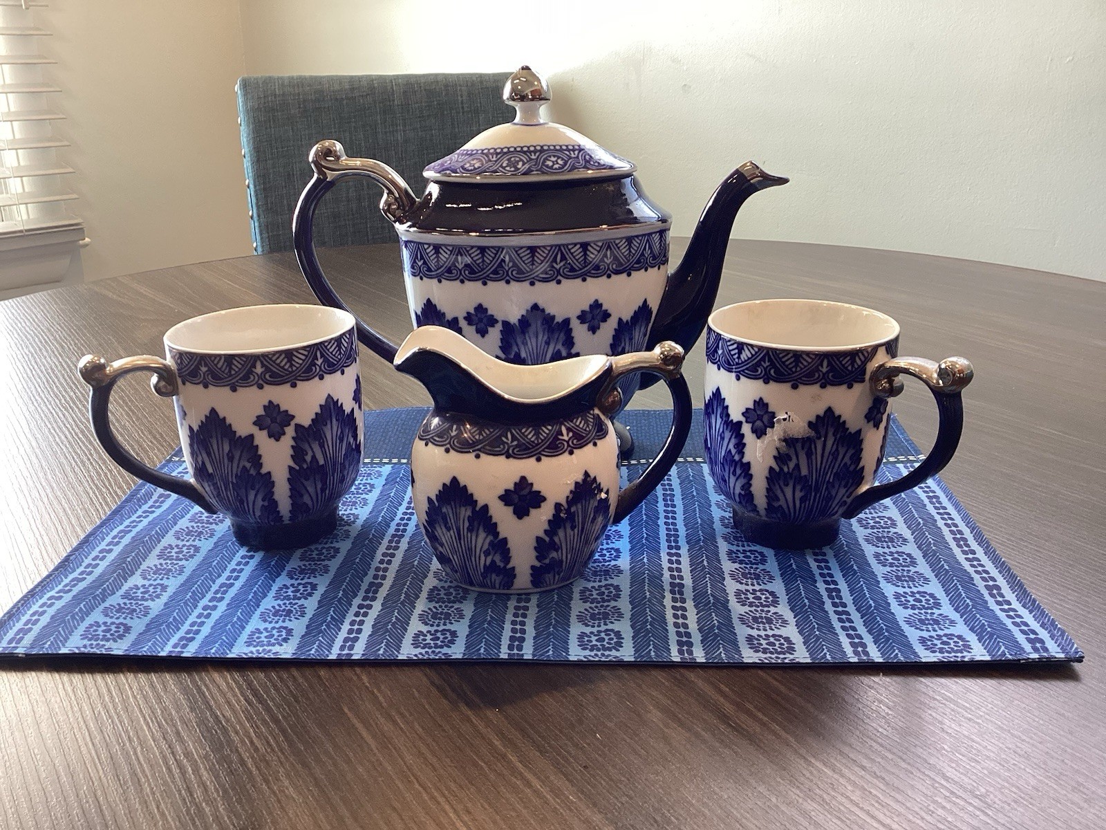 Vintage Bombay  Asian Grace Motif China Blue And White Teapot Set Two Cups