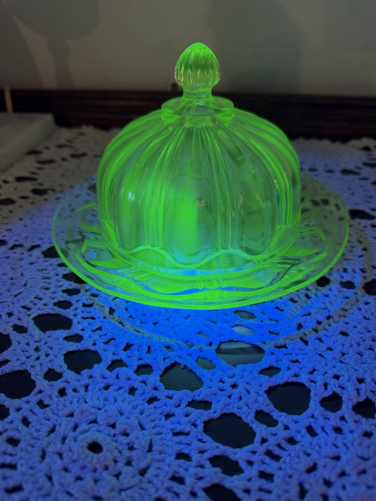 U S Glass Co Butter Cheese Dish & Lid Green Vaseline c1920s Antique