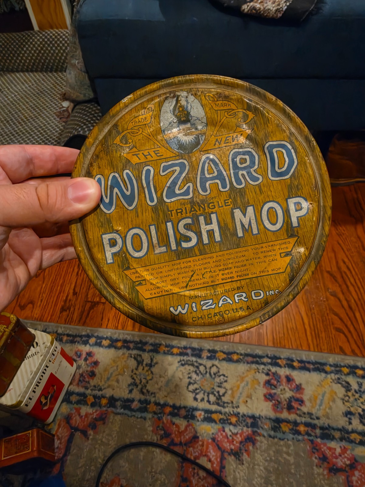 Antique Wizard Polish Mop Tin Collectible 