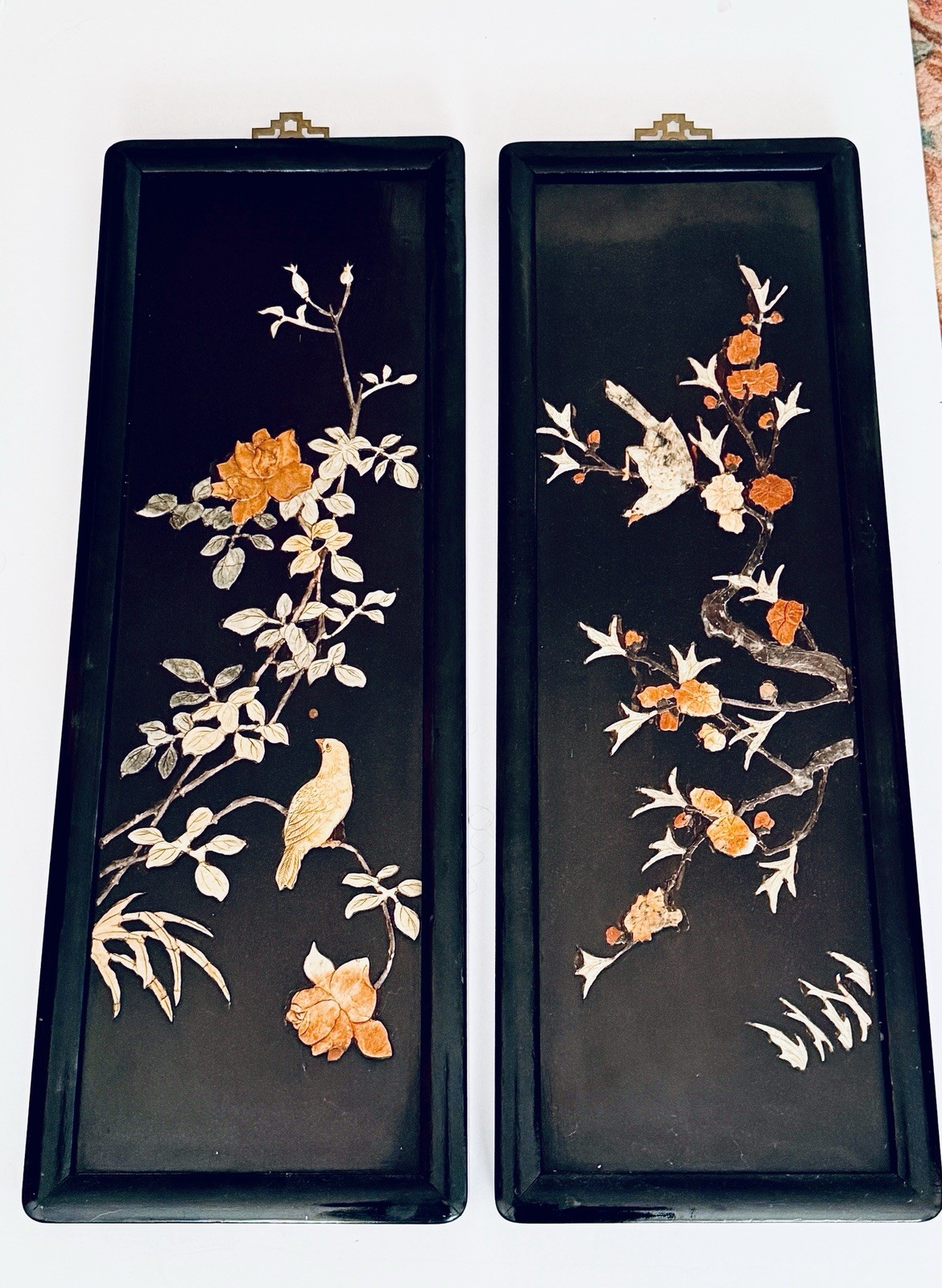 Pair Vintage Chinese Black Laquer Panels With Hand Carved Stone Inlay 26x9” Pair Vintage Chinese Black Laquer Panels With Hand Carved Stone Inlay 26x9”