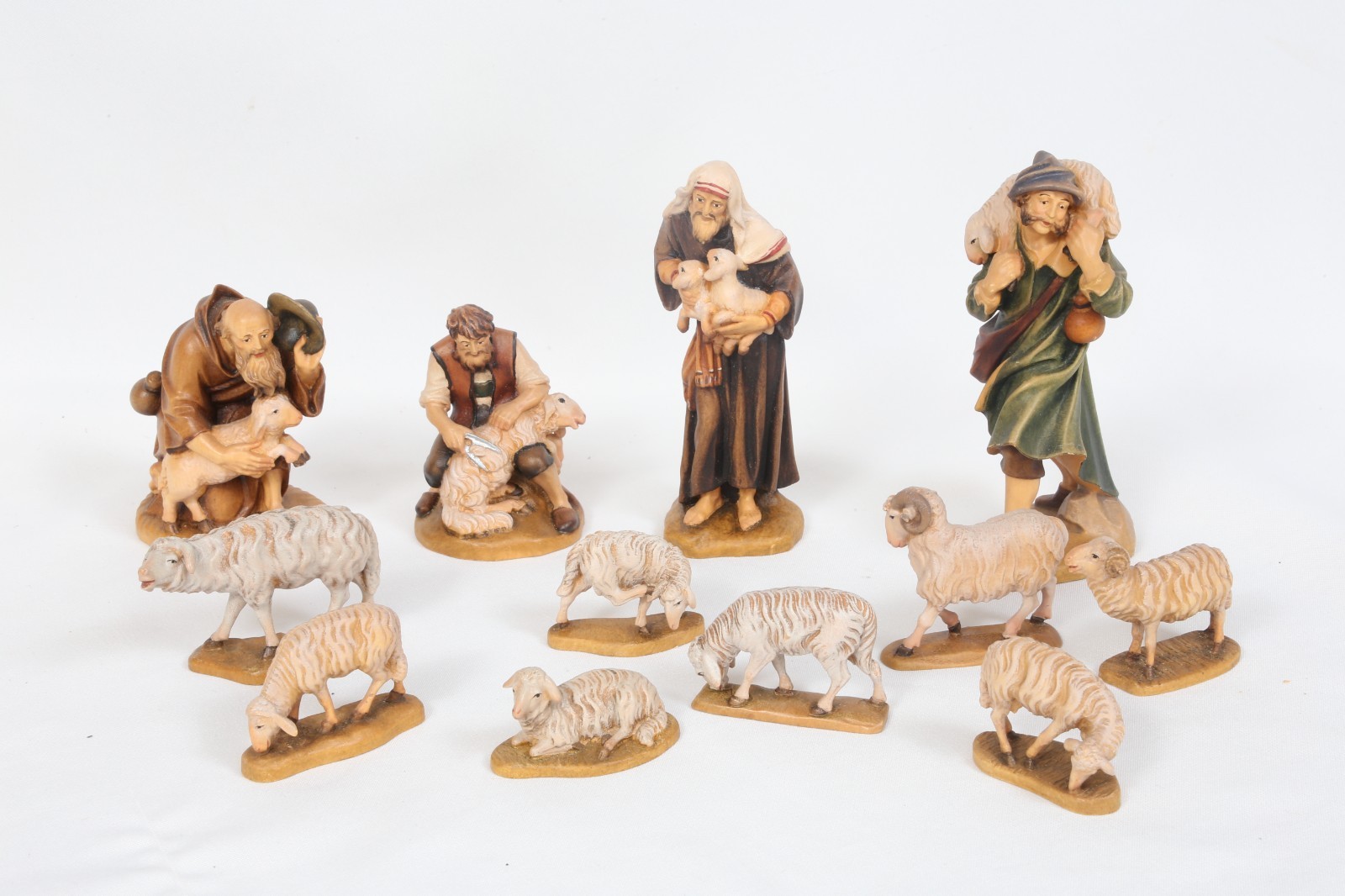 12 pc LEPI Shepherds Sheep Rams Herders Shearers Set Hand carved wood figures