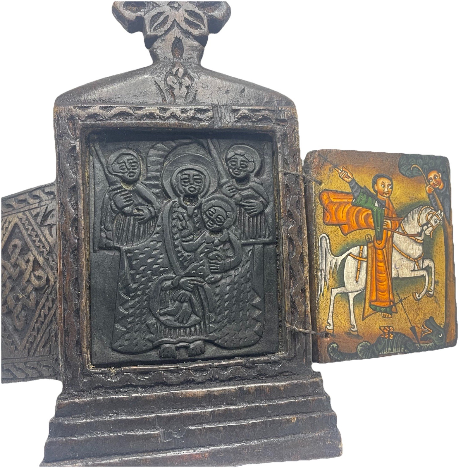 Vintage Ethiopian Carved &Hand painted Wooden Icon  Folding Saint Mary Jesus