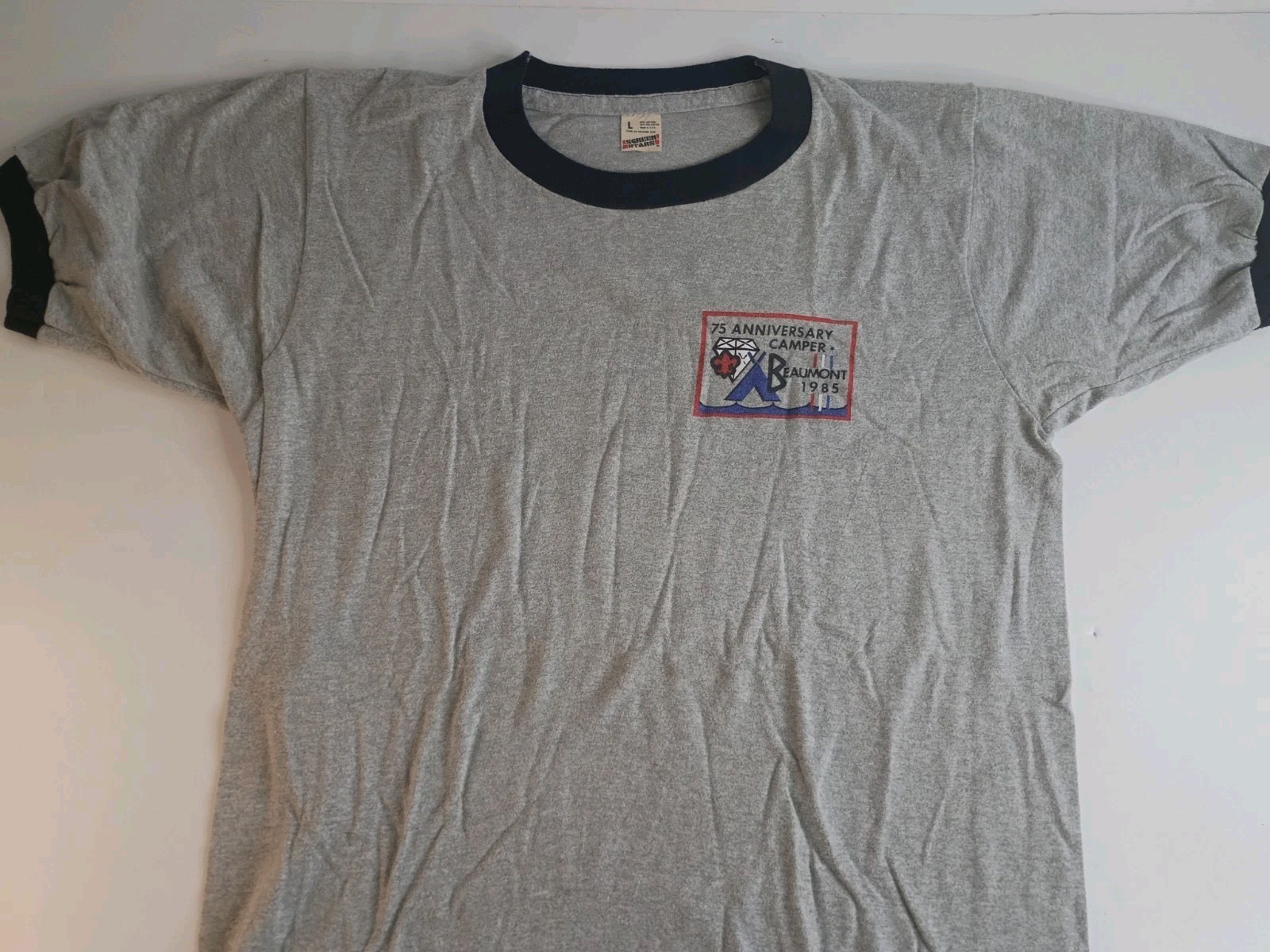 Vintage Camp Beaumont 75th Anniversary Boy Scouts T-shirt Large Ringer 