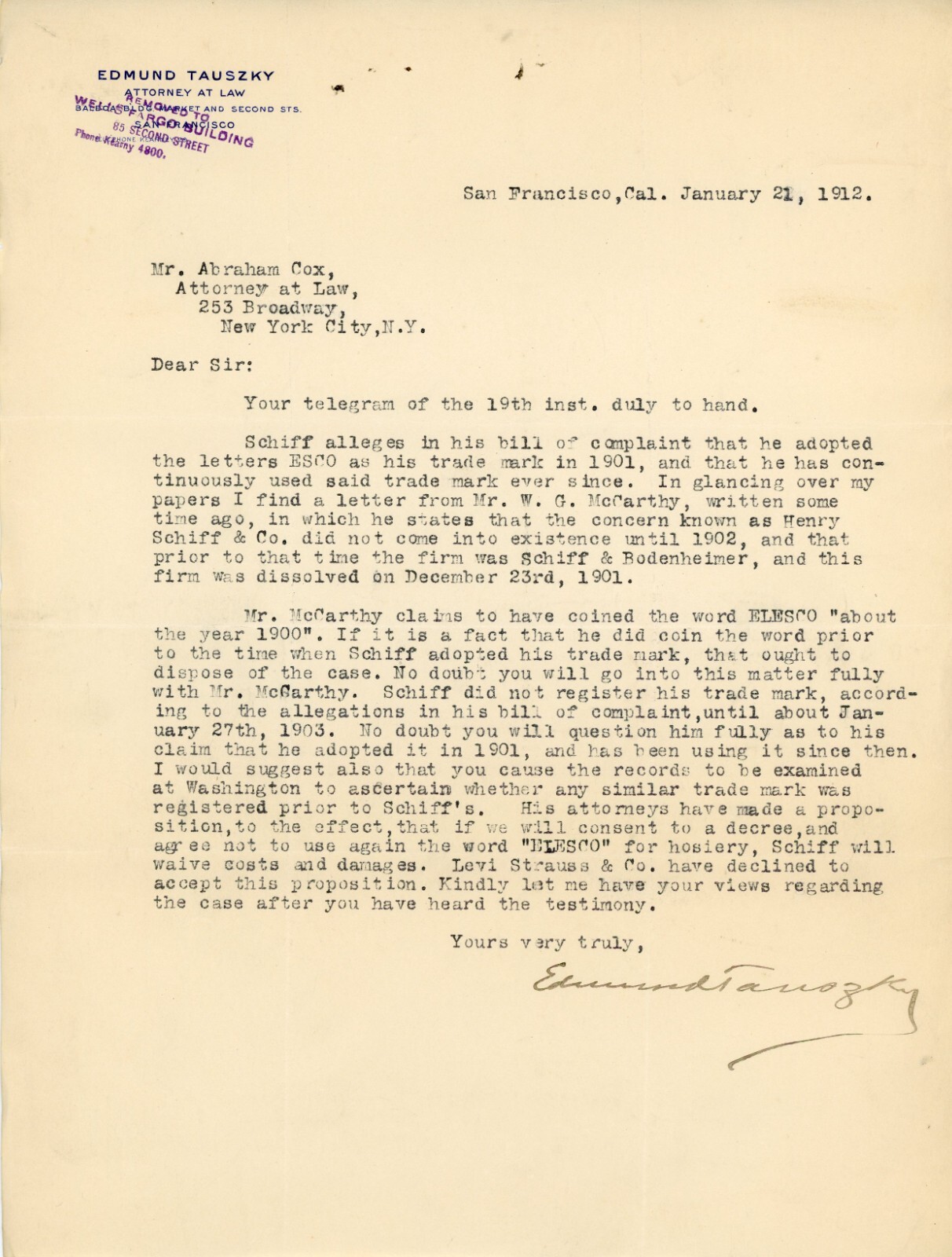 1912 Edmund Tauszky Letter Trademark Dispute “ESCO” Hosiery Levi Straus Signed