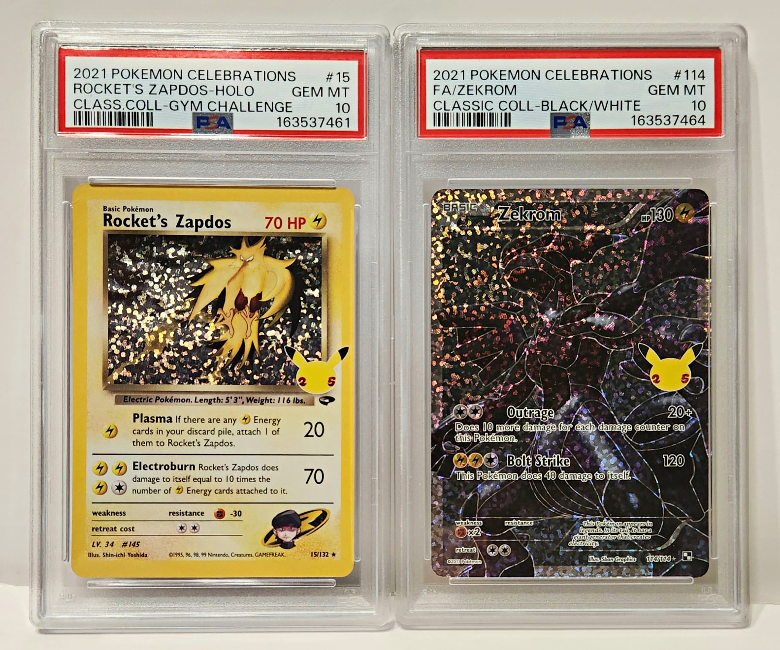 2021 Pokémon Celeb Lot of 2 PSA 10 GEM MINT Cards: Rocket's Zapdos & Zekrom
