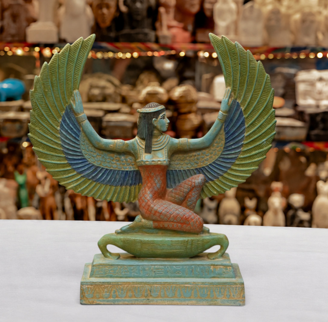 Unique Large Statue of Isis Hand Painted Stone Open Wings Made in Egypt