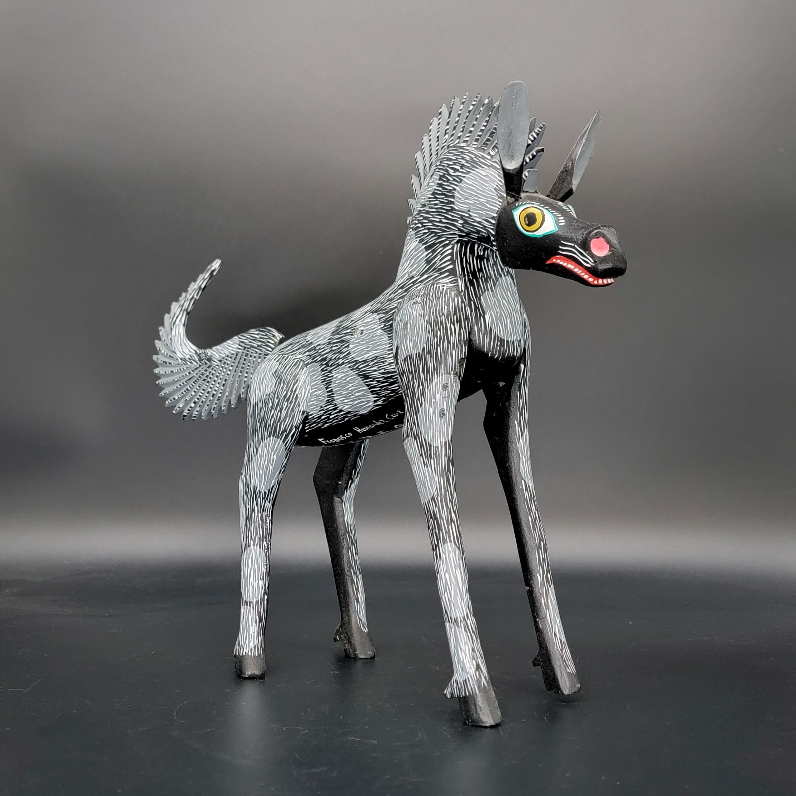 Handcrafted Black & White Oaxacan Alebrije Wood Horse Carving Francisco Cruz
