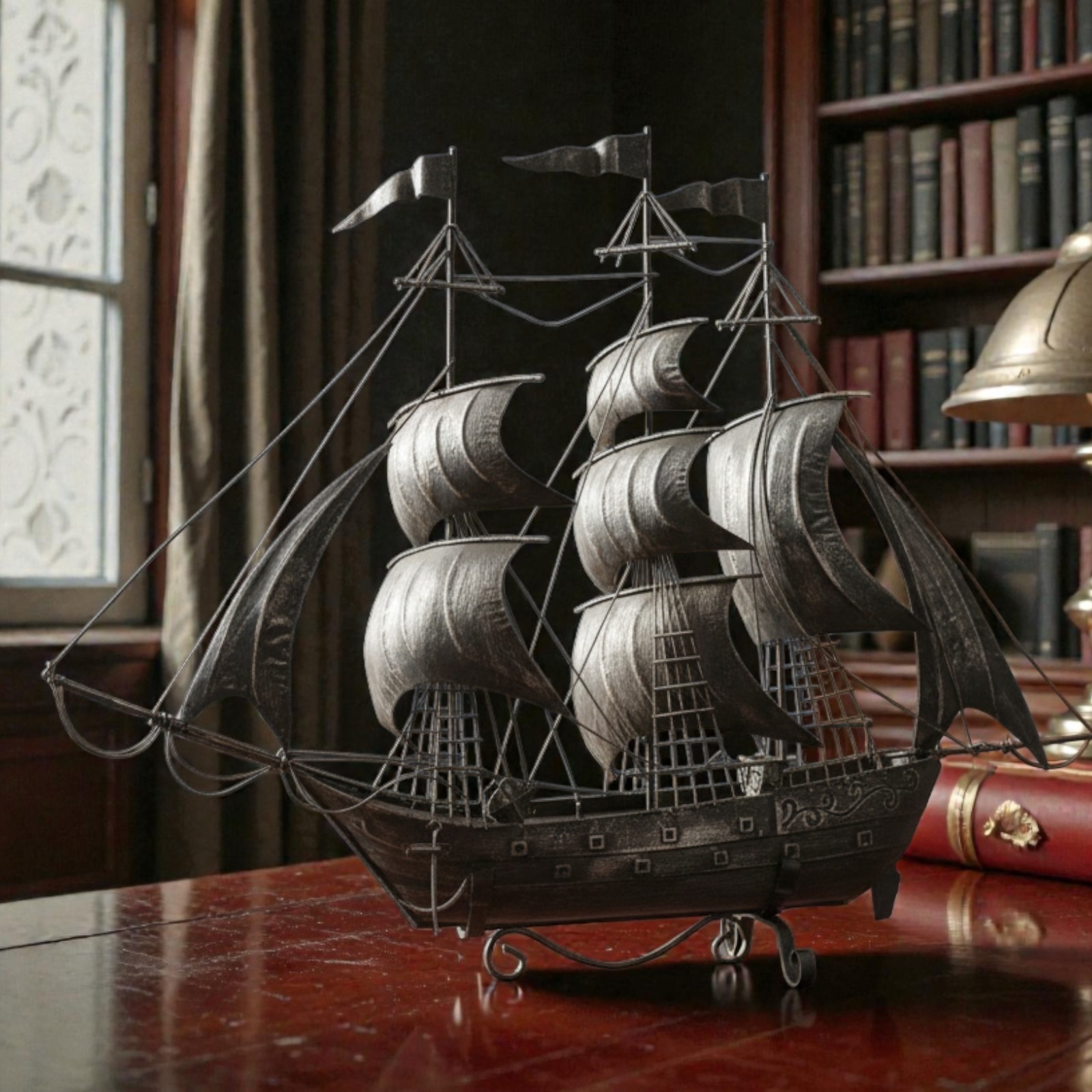 VTG Tin Metal Galleon Ship Sculpture Three-Masted Clipper Nautical Model 24\