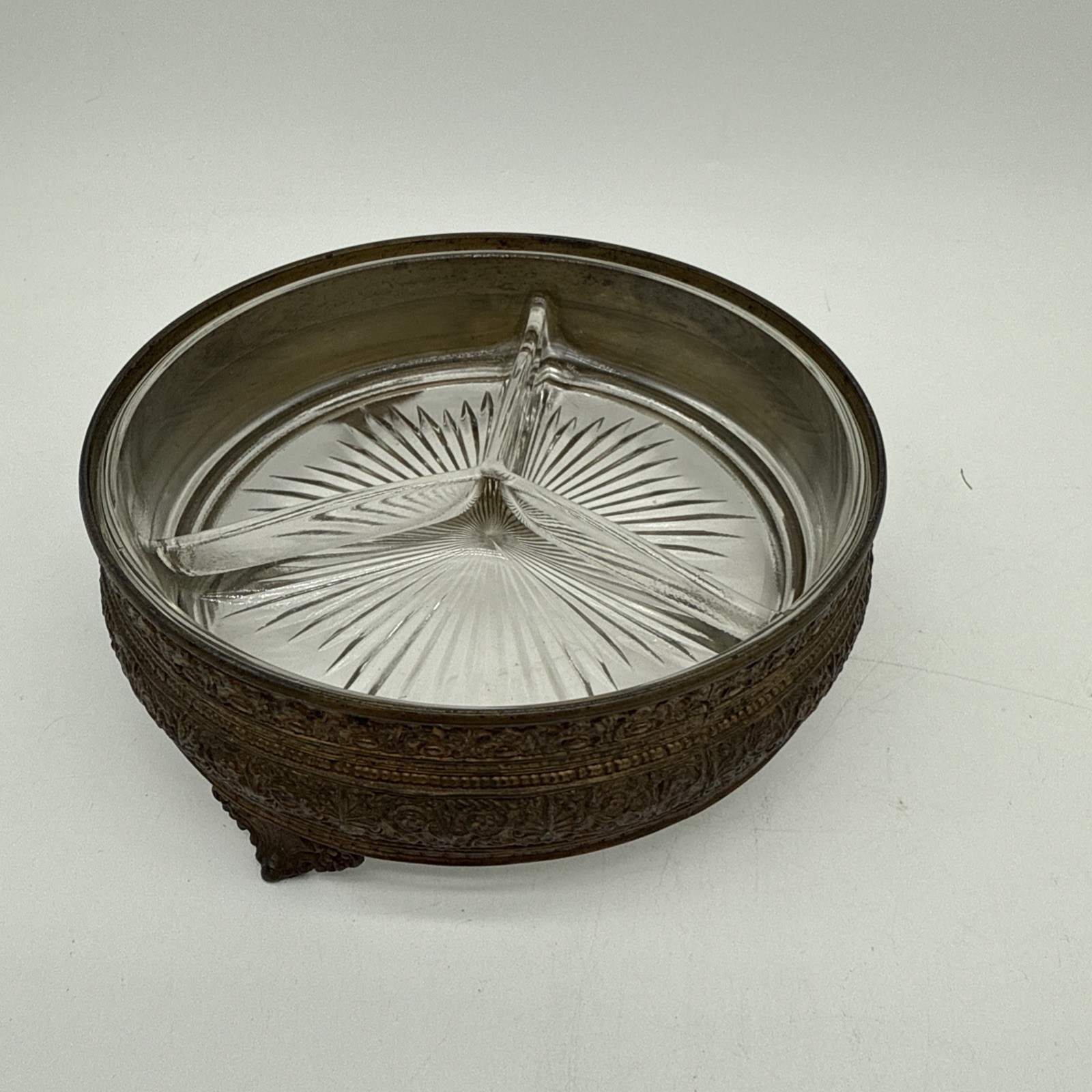 Vintage Early 20th Century PNCW Brass W/3 Section Glass Insert Dresser Trinket Vintage Early 20th Century PNCW Brass W/3 Section Glass Insert Dresser Trinket