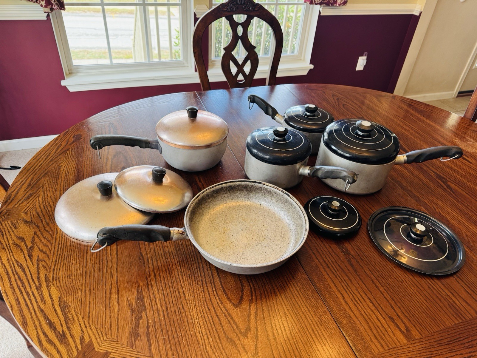 Vintage Wear Ever Aluminum Pot Set, Skillet, and Lids, Bullseye and Copper