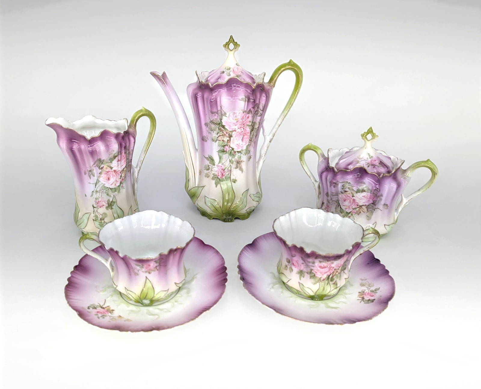 Antique 7-Piece Porcelain Chocolate Service Pink Roses Art Nouveau Circa 1900 Antique 7-Piece Porcelain Chocolate Service Pink Roses Art Nouveau Circa 1900