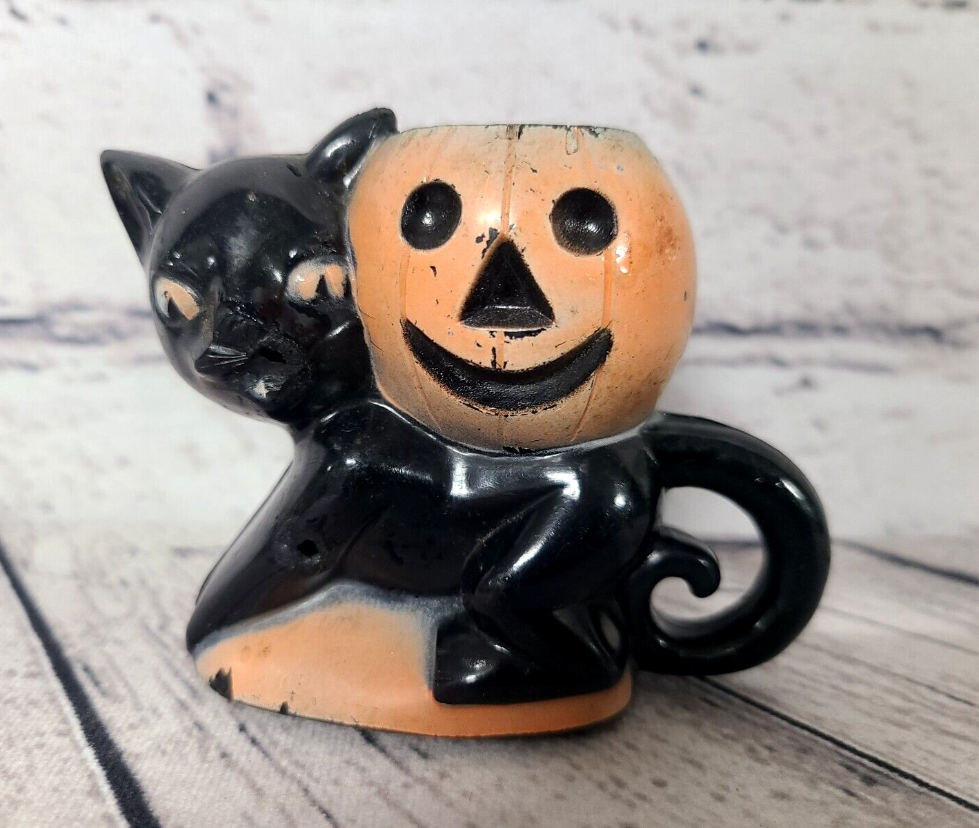 Vtg Rosbro Hard Plastic JOL Jack-O-Lantern Black Cat Halloween Candy Container