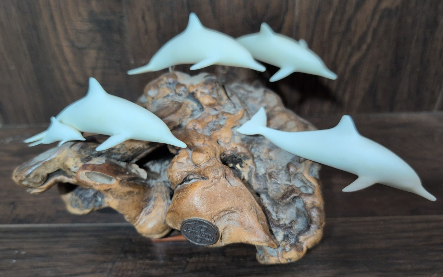 John Perry Burl Wood Burlwood Driftwood and Dolphin Sculpture 5 Dolphins