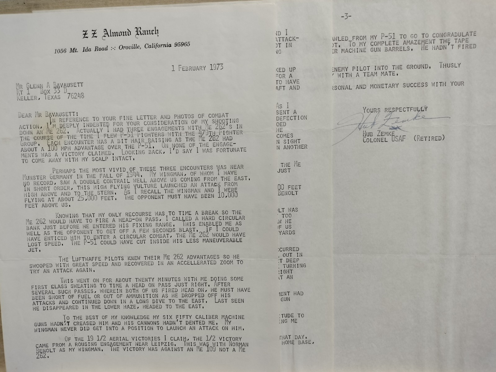 Colonel Hub Zemke Signed Letter \