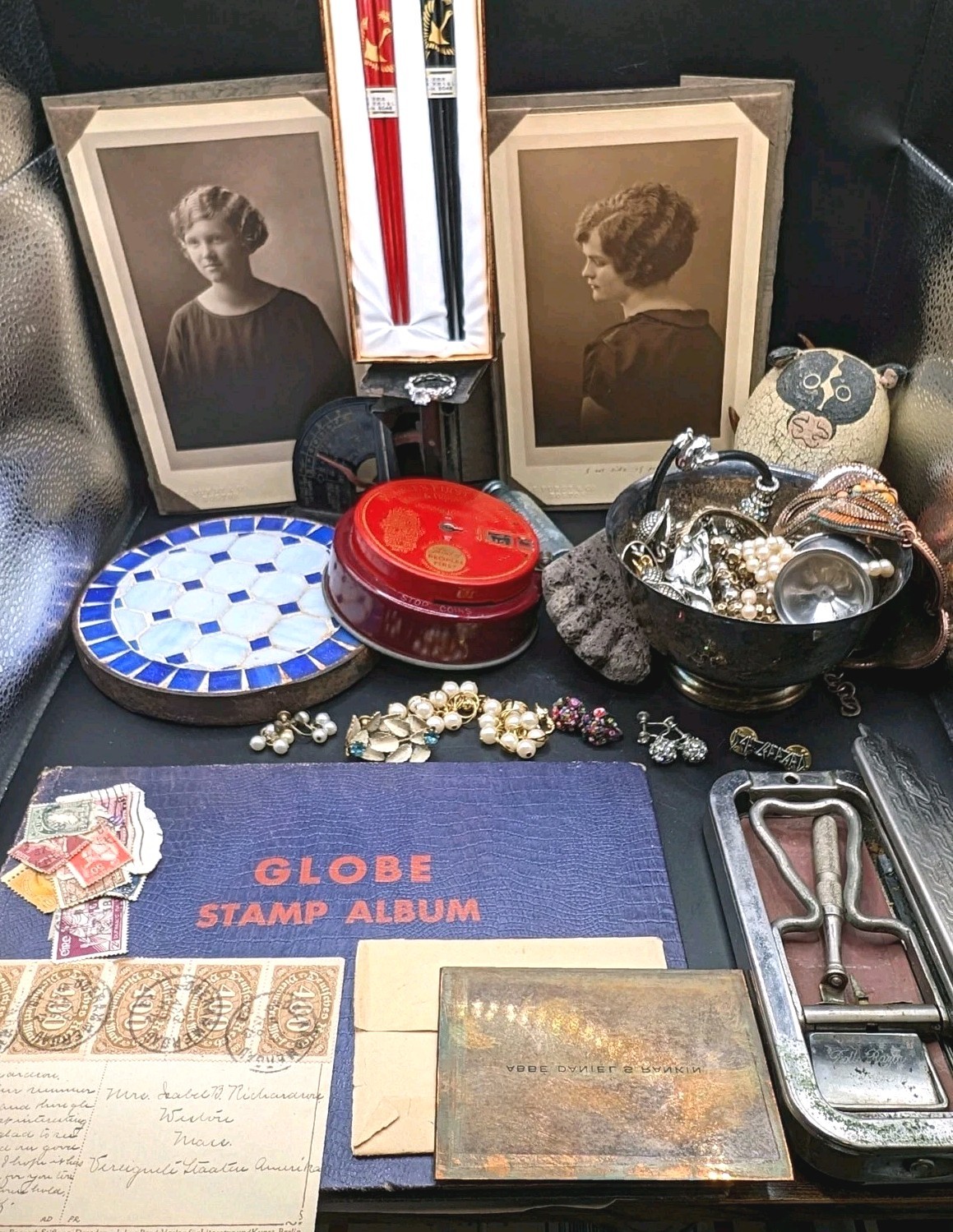 Vintage Estate Junk Lot Jewelry Razor Bank Cabinet Cards Stamps Collectibles Ect