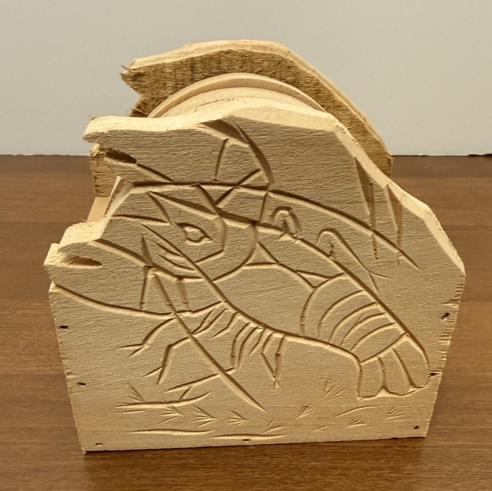 Hand Carved Wood 6pc Coaster Set w/ Holder Crawfish Louisiana Coushatta Casino