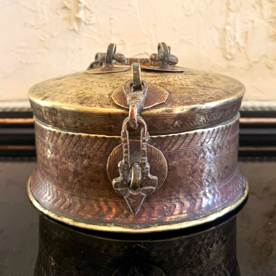 Antique 19th Century South Asian or Middle Eastern  Metal Storage Box w/ Handle