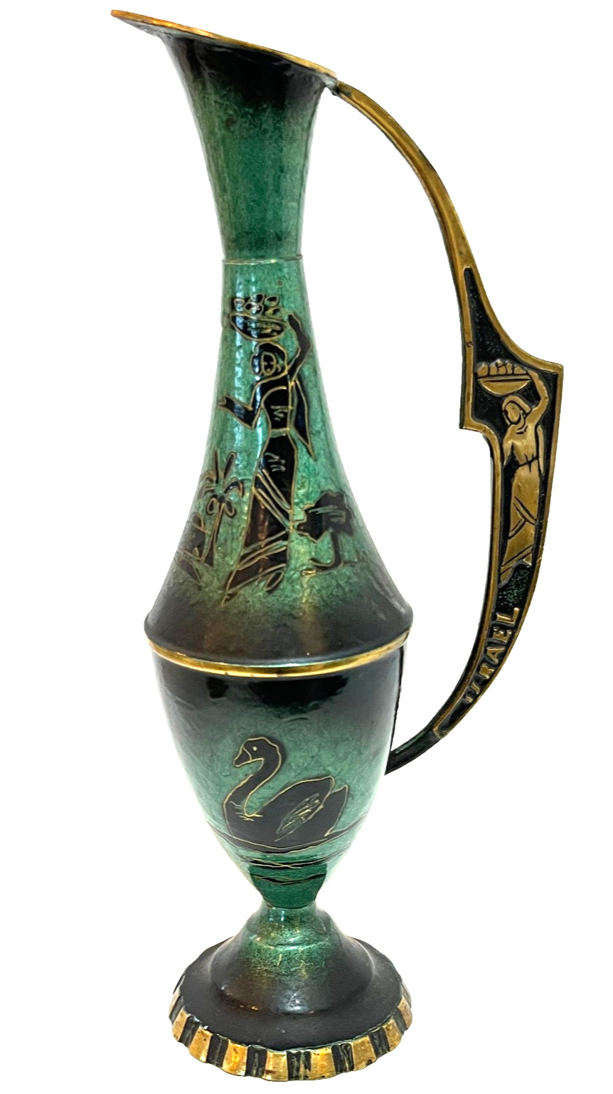 Vintage Israel Pitcher Judaism Jerusalem Hebrew Jewish Heavy Hand Painted Brass