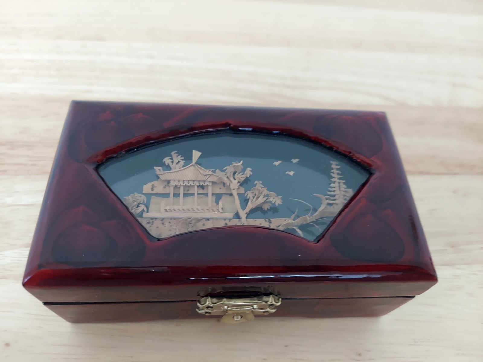 Vintage Chinese Red Lacquer Trinket Jewelry Box Cork Pagoda Scene Brass Latch Vintage Chinese Red Lacquer Trinket Jewelry Box Cork Pagoda Scene Brass Latch