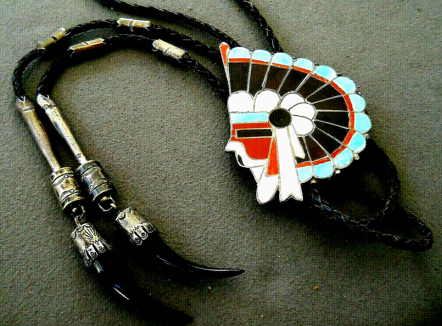 Wow Native American Zuni MultiStone Inlay Sterling Silver Chief Bolo Tie Pendant