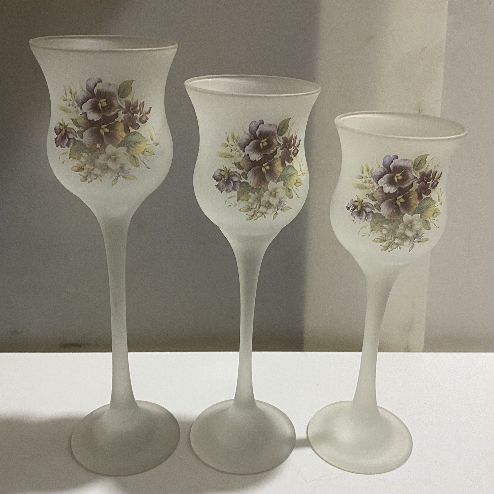Vtg PartyLite Frosted Purple Violets Tealight Candle Holders Set Of 3 Glass