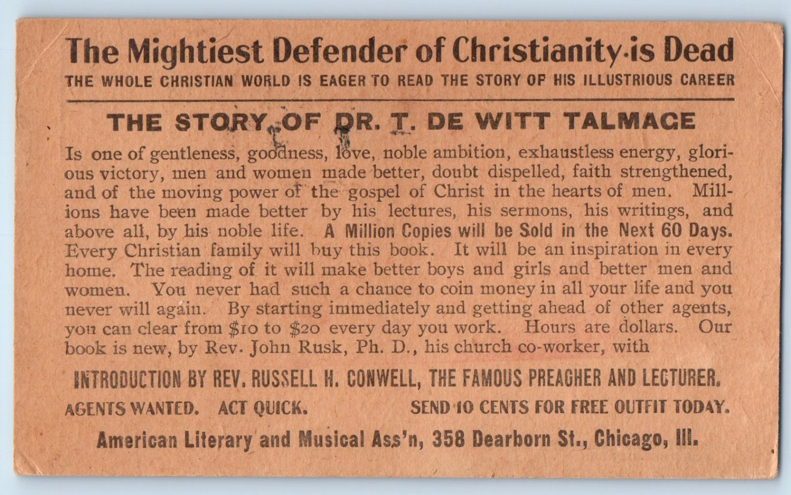 1902 Story Of Dr T DE Witt Talmage American Literary Musical Chicago IL Postcard