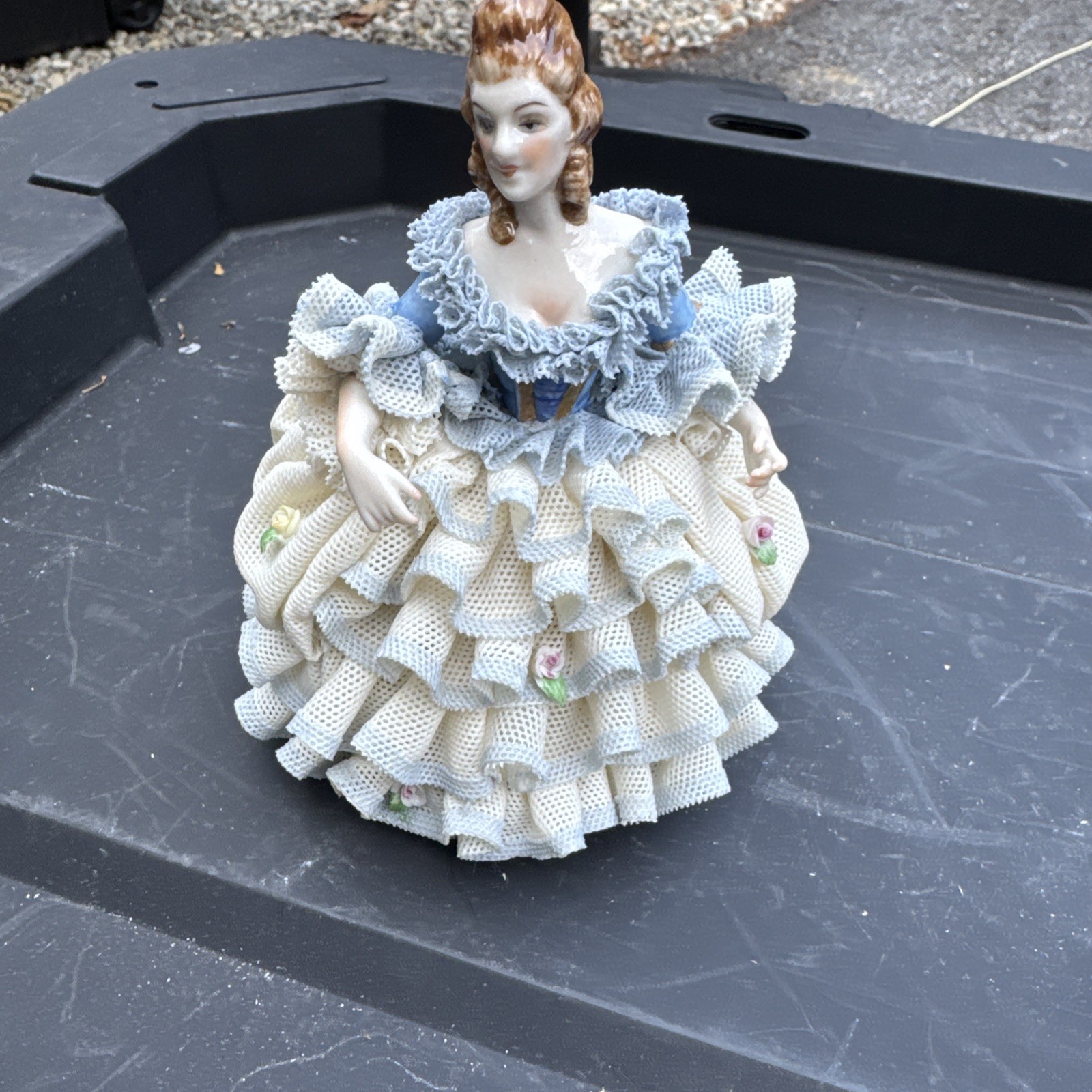 Vintage Irish Dresden Angelina Porcelain Lace Figurine Blue White Dancer #48 Vintage Irish Dresden Angelina Porcelain Lace Figurine Blue White Dancer #48