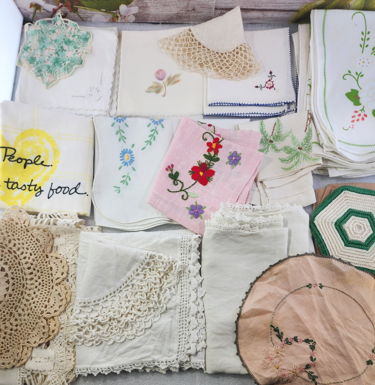 Vintage Embroidered/Crocheted Linens Lot Of 30 - Doilies, Table Runners, etc