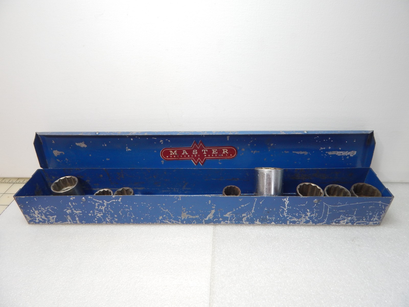 Montgomery Ward’s Master 1/2” Drive Sockets blue metal case for ratchet, Montgomery Ward’s Master 1/2” Drive Sockets blue metal case for ratchet,