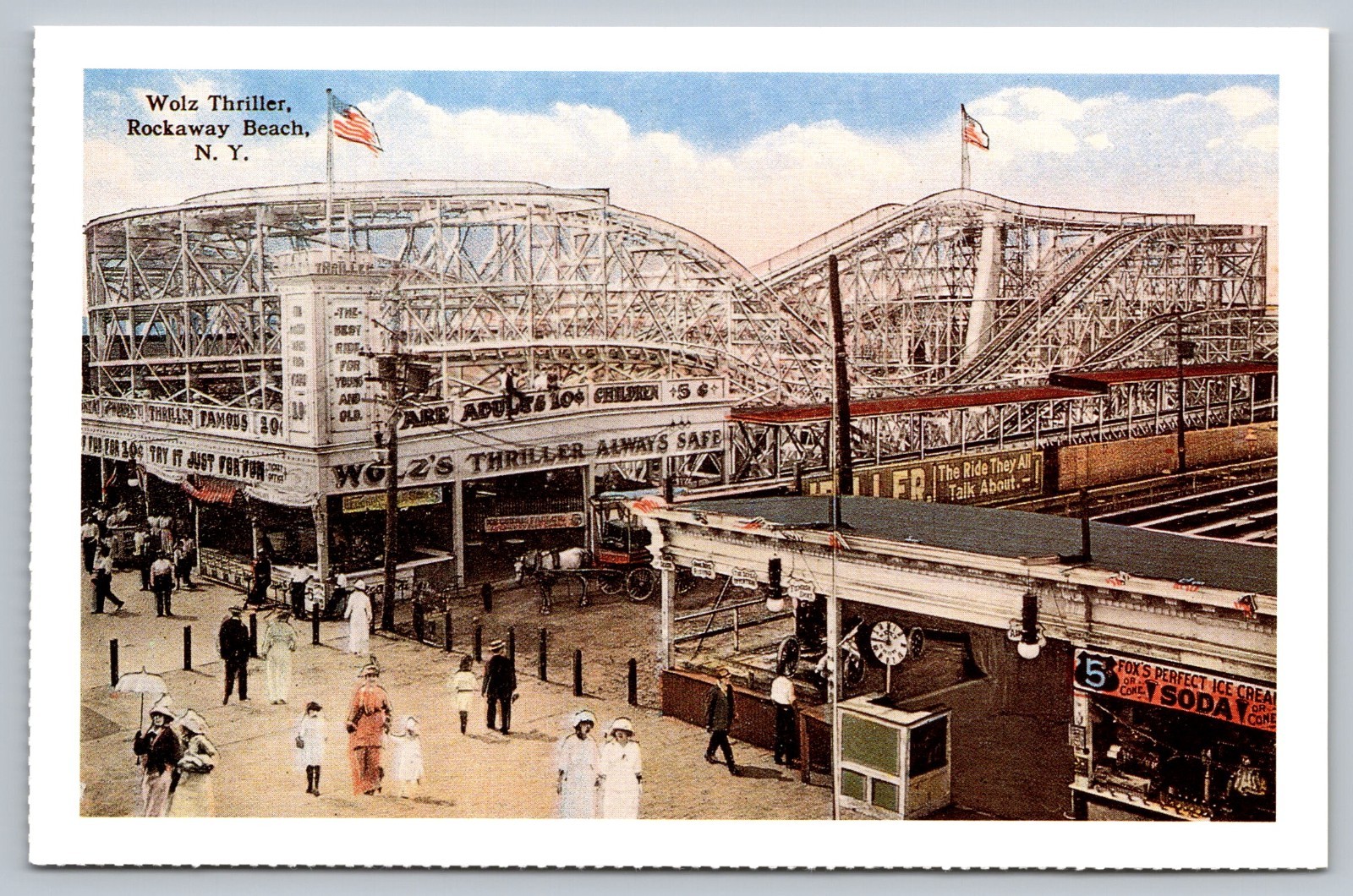 Rockaway Beach Queens NYC, 1915 View Wolz Thriller Roller Coaster c1990 Postcard