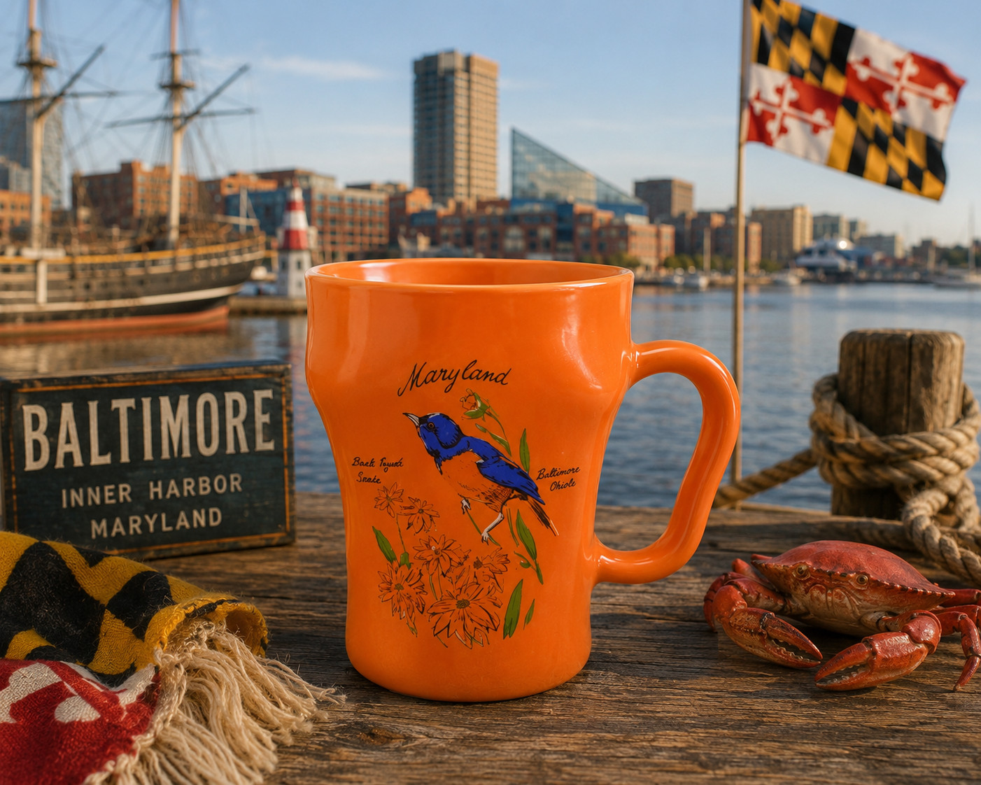 NOS Vintage Maryland Baltimore Oriole Orange Mug Fire King