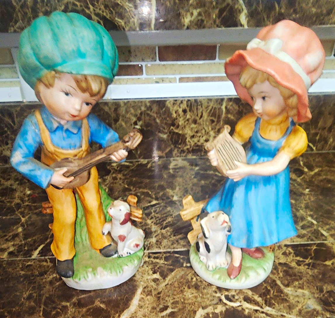 Vintage Boy Girl Musician Ceramic Figurines w Dogs 8.5” Matching Pair