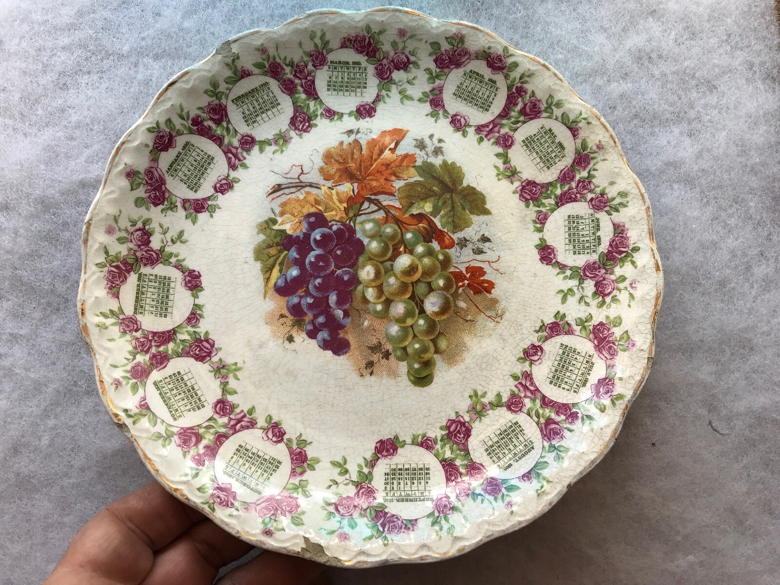 1910 Vintage China Calendar Plate With Grapes Pattern
