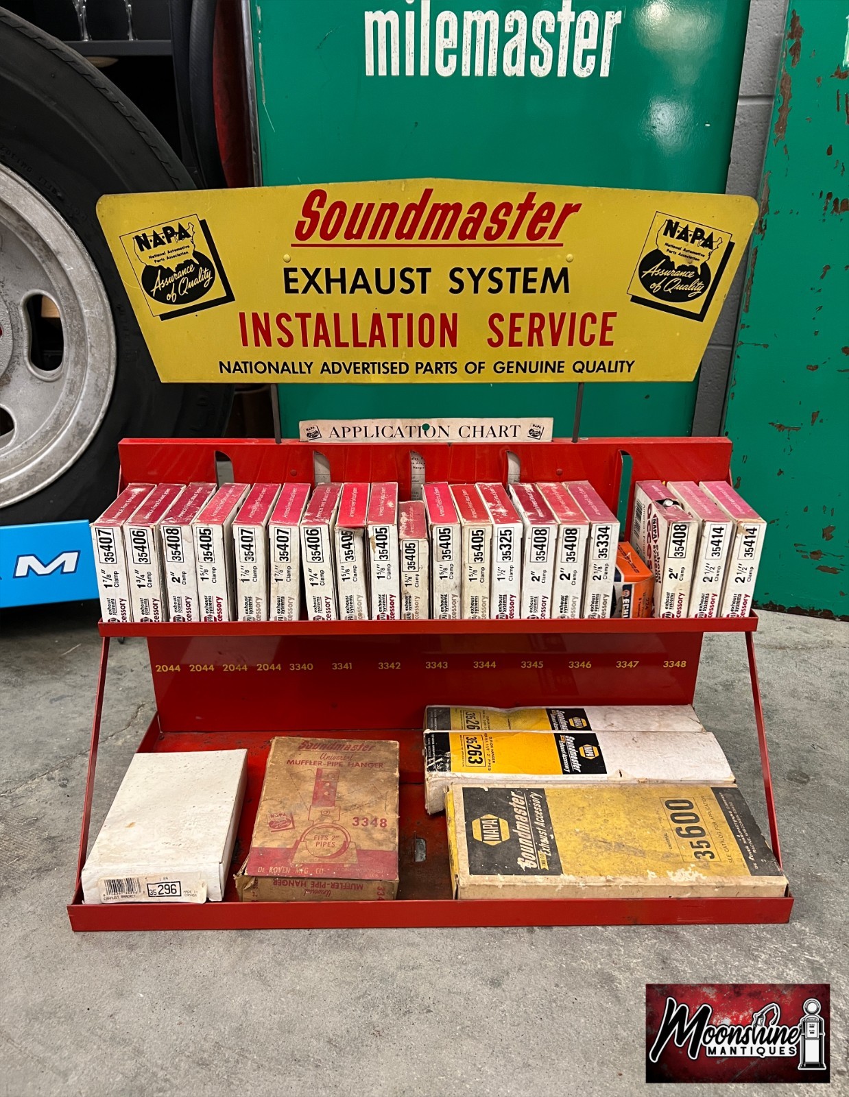 Vtg. NAPA Soundmaster Exhaust System Store Display Rack w/ Topper Sign & Parts Vtg. NAPA Soundmaster Exhaust System Store Display Rack w/ Topper Sign & Parts