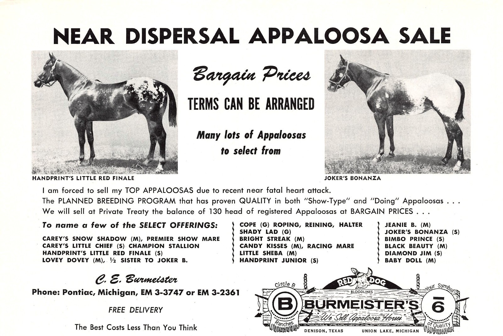 C E Burmeister Top Appaloosa Dispersal Sale Pontiac Michigan Vtg Mag Print Ad