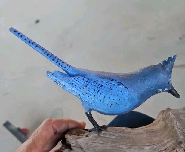 Vtg Al McHenry Signed BLUE JAY Hand Carved Wood Bird Sculpture Folk Art On Wood