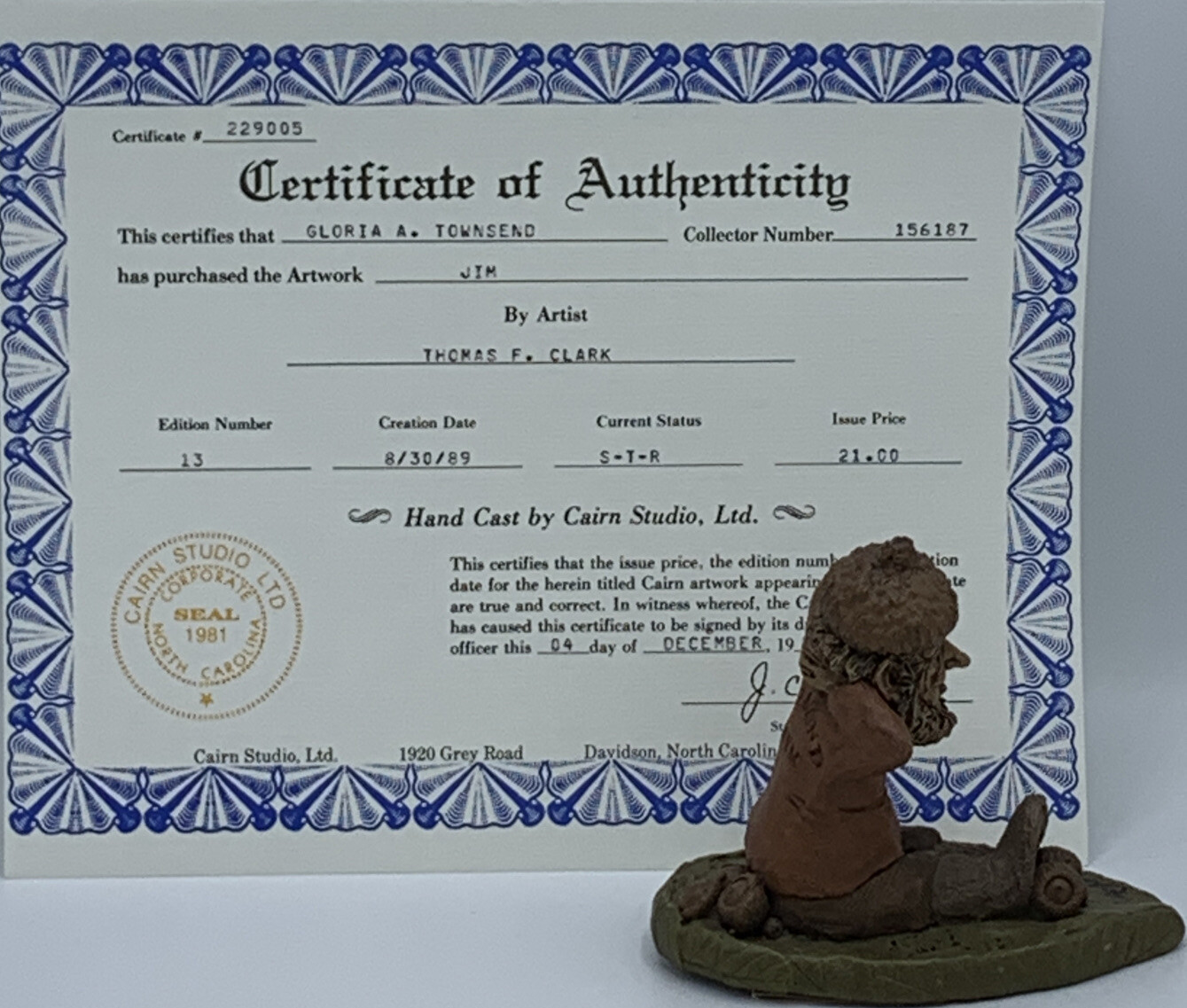 JIM-R 1989 Tom Clark Gnome Cairn Studio Item #5082 Ed #13 Signed JIM-R 1989 Tom Clark Gnome Cairn Studio Item #5082 Ed #13 Signed