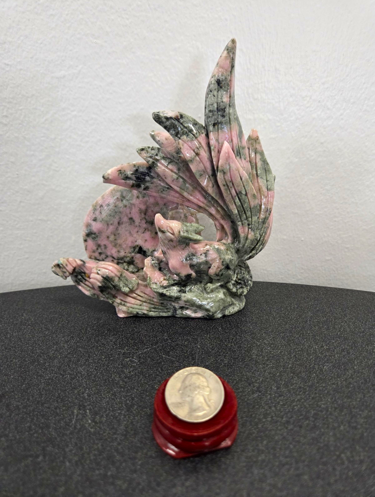 Pink Opal And Black Tourmaline 9Tail Fox With Moon Carving Pink Opal And Black Tourmaline 9Tail Fox With Moon Carving