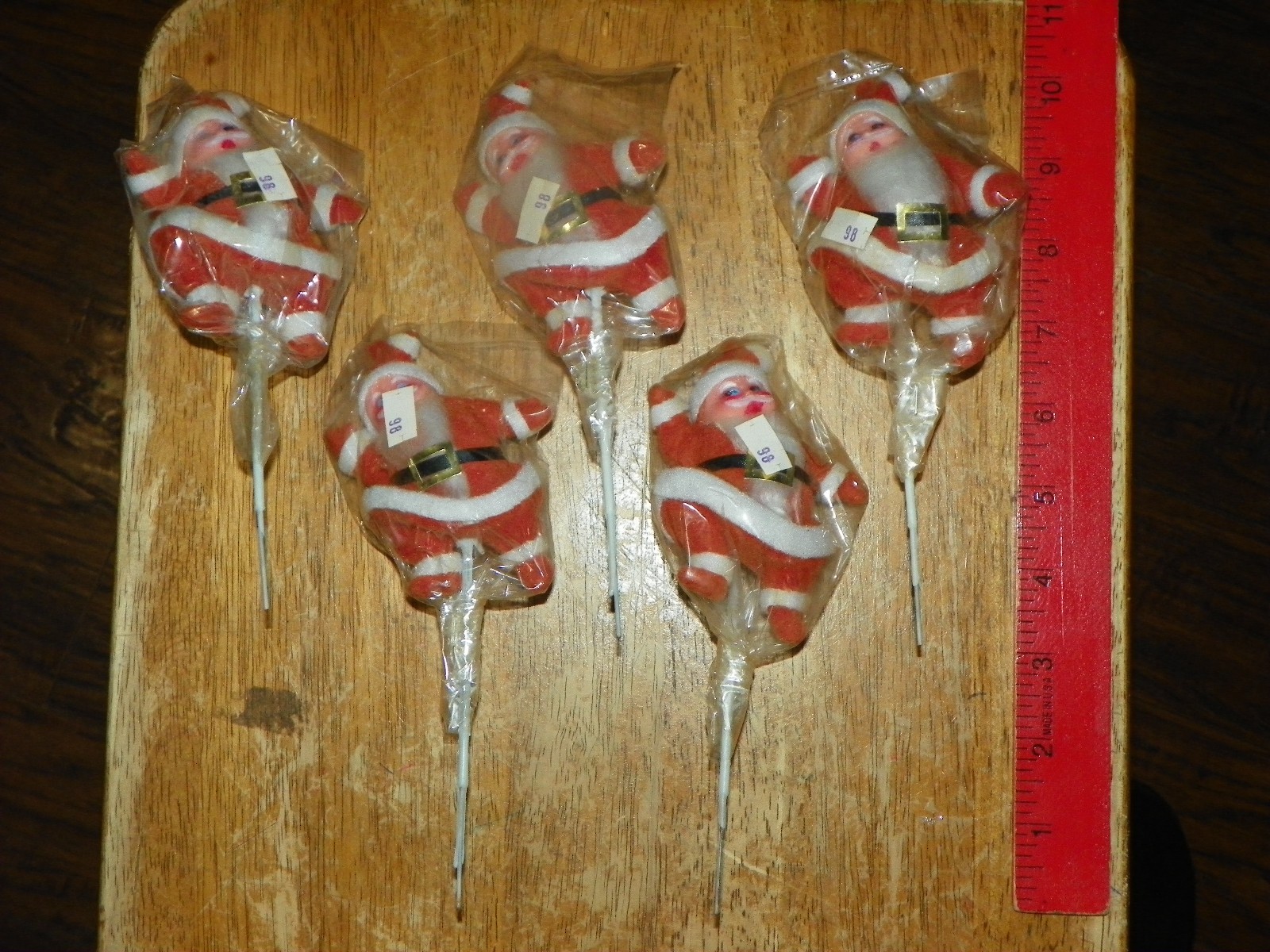 Lot of 5 NOS Vintage Red Flocked Dancing Santa Ornament 4” Floral Pick