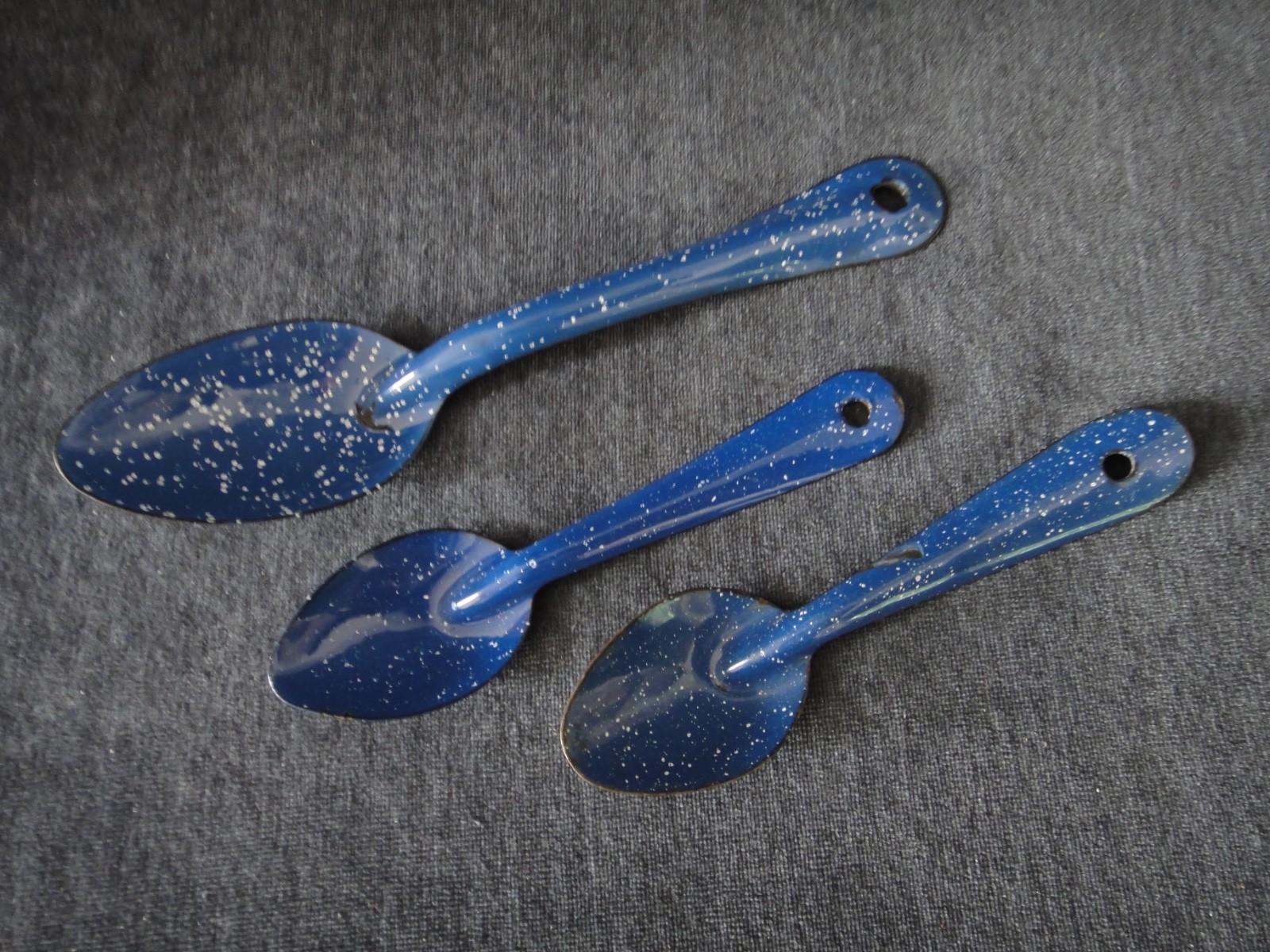 Vintage Blue Speckled Enamelware Tablespoon and 2 Teaspoons