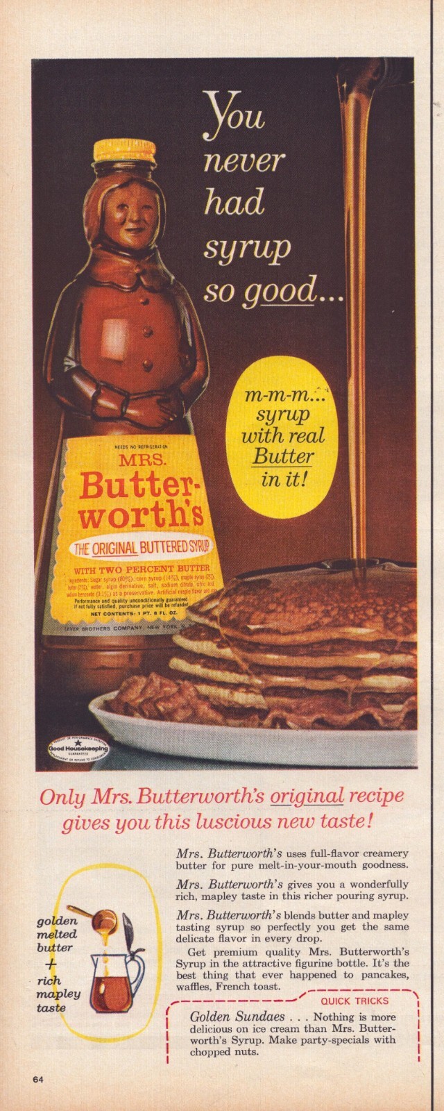 1962 Mrs Butterworth\'s Syrup Print Ad Breakfast Pancakes Flapjacks Bacon