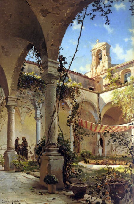 Oil painting Peder-Mork-Monsted-The-Cloister-Taormina landscape