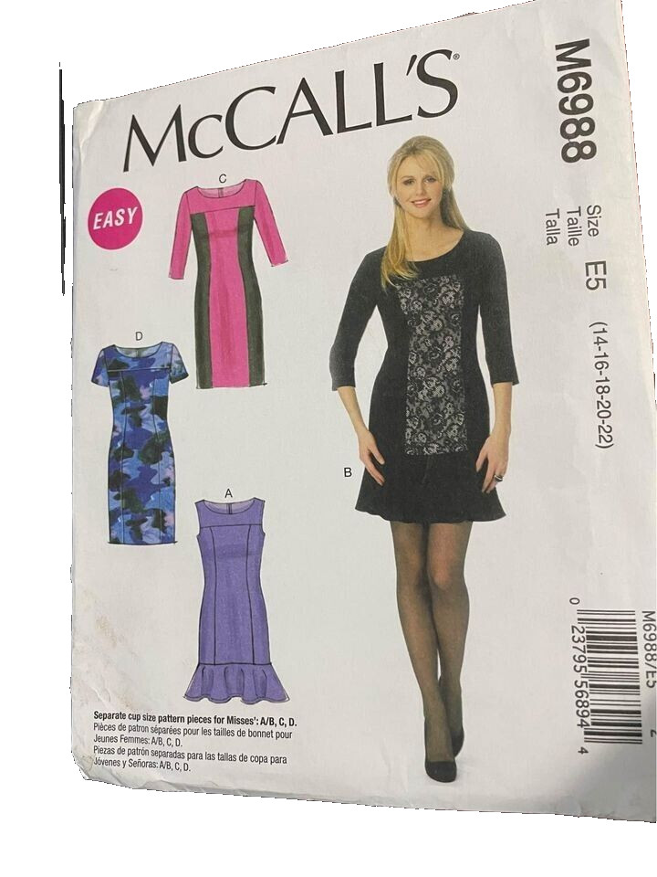 McCall\'s M6988 Sewing Pattern Misses Semi-Fitted Dresses Size 14, 16, 18, 20, 22 McCall\'s M6988 Sewing Pattern Misses Semi-Fitted Dresses Size 14, 16, 18, 20, 22