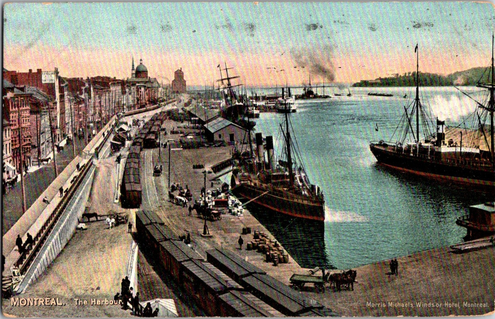 Montreal The Harbor Tuck\'s Post Card Posted Apr 1908(?) Hotels Boats Horse Cart
