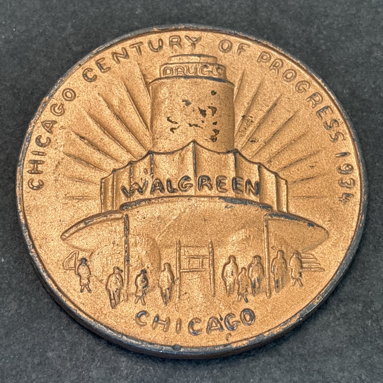 Century Of Progress Medallion 1934 Chicago WALGREEN DRUGS Building 2” I