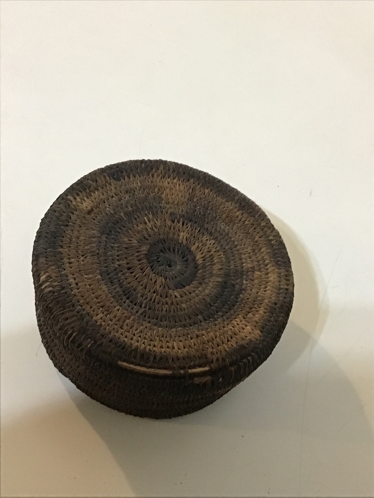 Antique Hand Woven Round 5” Lidded Basket Weaved Container
