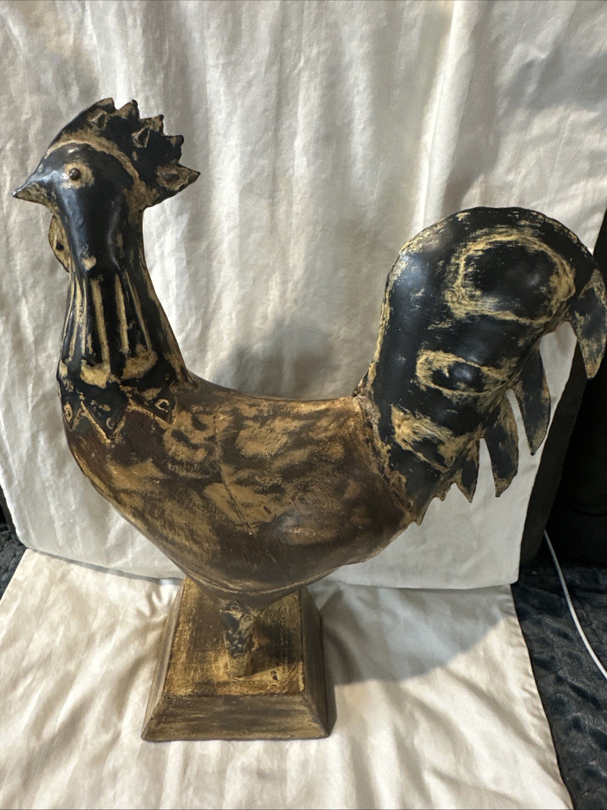 Hand Carved Wooden Iron Rooster Figurine Rustic Hand Painted VTG 18”